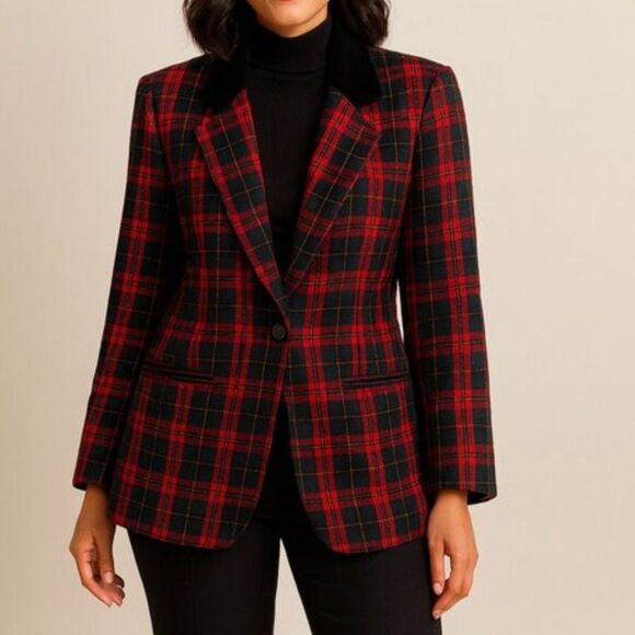 Dark Acadamia Tartan Plaid Blazer Size 14 Velvet Collar Holiday Preppy Vintage - Picture 1 of 8